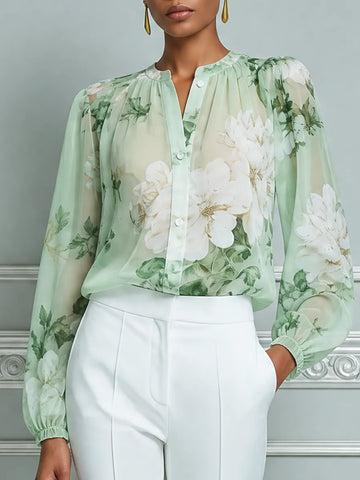 Mint Floral Chiffon Button Front Blouse