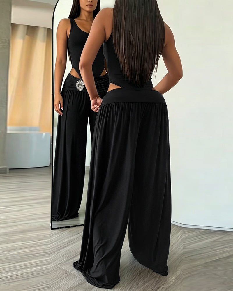 Women's 2 Piece Outfits Sleeveless Slim Fit Bodysuit and Rhinestone High Waist Ruched Wide Leg Pants Set