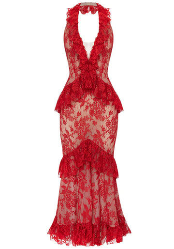 Halter Ruffle Lace Midi Dress Red