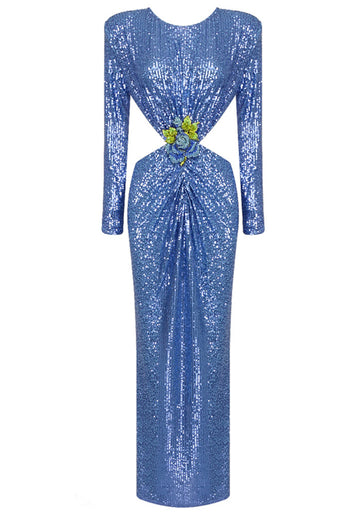 Long Sleeve Crystal Flower Sequin Maxi Dress Blue