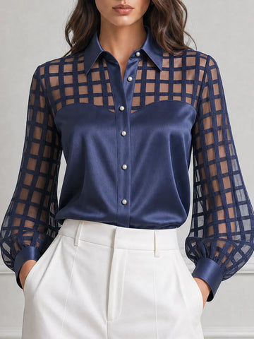 Grid Mesh Patchwork Satin Pearl Buttons Blouse