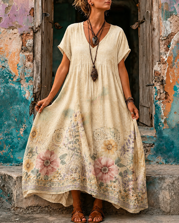 Women's Vacation Linen Floral Print V-Neck Short Sleeve Maxi Dress