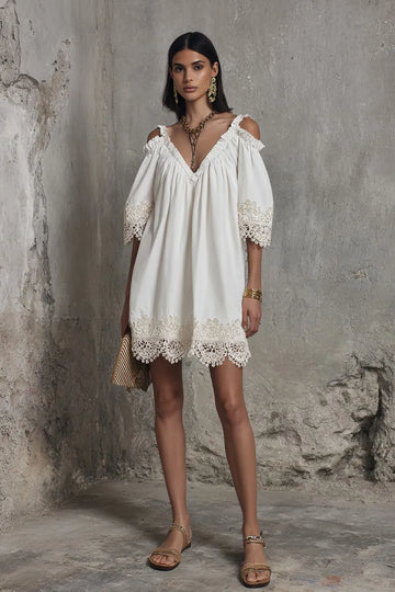Women's White Off-Shoulder Puff Sleeve Lace Trim Mini Dress