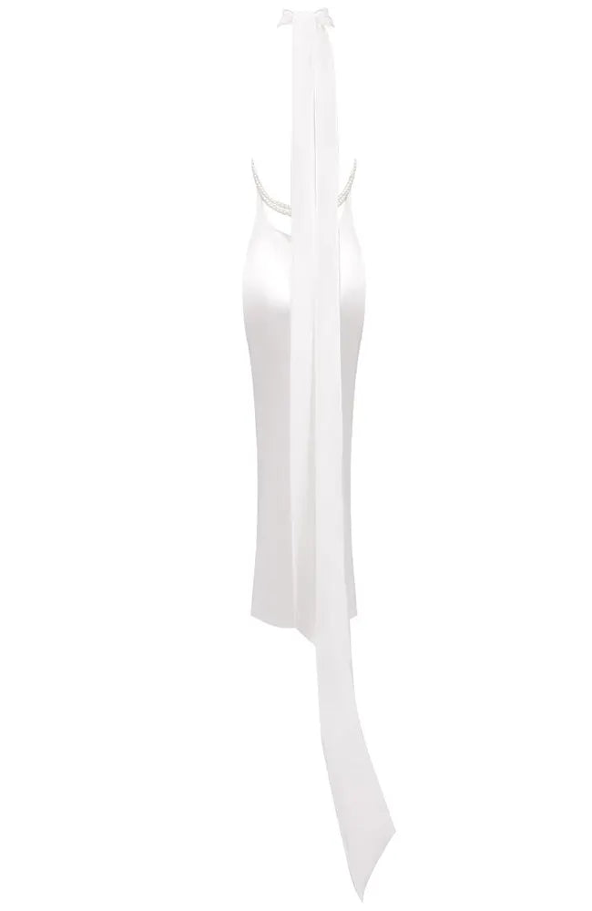 Halter Pearl Detail Backless Maxi Dress White
