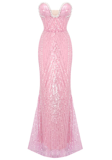 Strapless Crystal Bustier Sequin Maxi Dress Pink