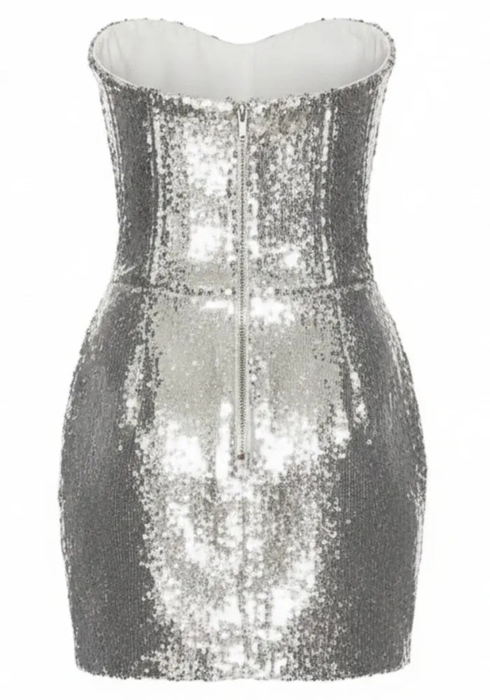 Strapless Bustier Sequin Dress Silver
