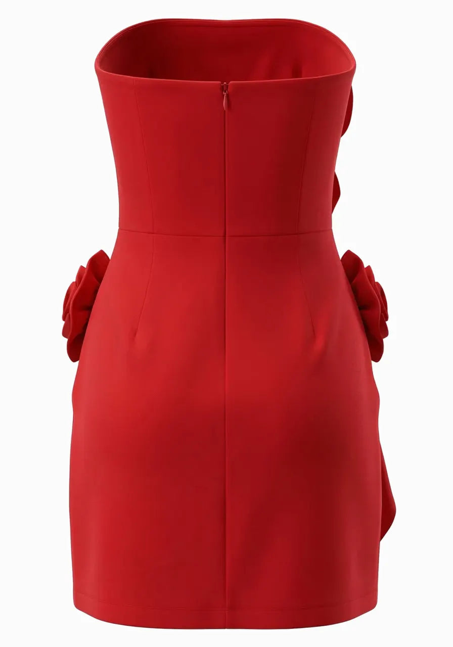 Strapless Floral Detail Dress Red