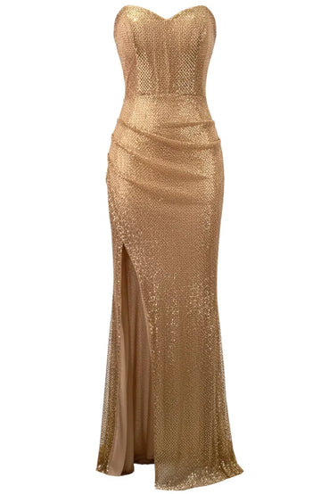 Strapless Draped Sparkly Maxi Dress Gold
