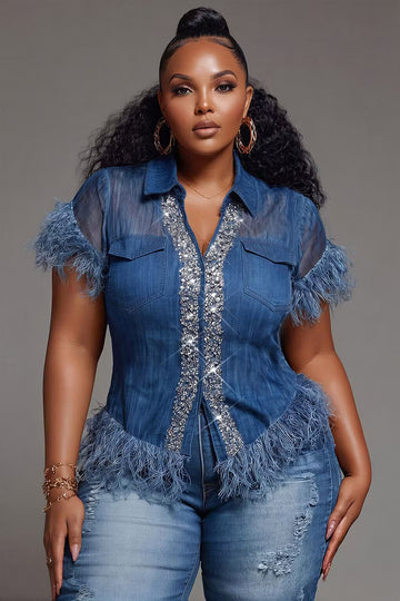 Plus Size Denim Fringe Rhinestone Top