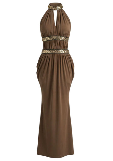Halter Sequin Detail Draped Maxi Dress Brown