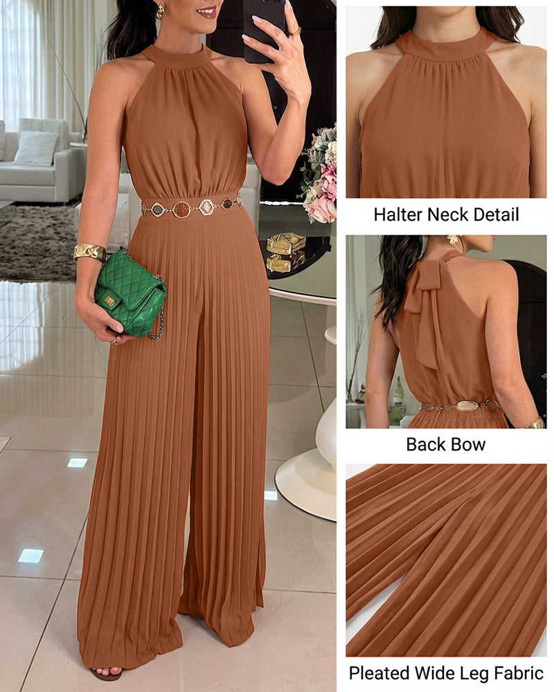 CHICME Women's Halter Tie Wide Leg Jumpsuit Pleated High Waist One-Piece Romper Elegant Sleeveless Evening Party Jumpsuit without Waist Chain