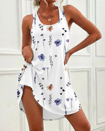 Allover Watercolor Floral Print U-Neck Sleeveless Curved Hem Dress Casual Racerback Loungewear Dress