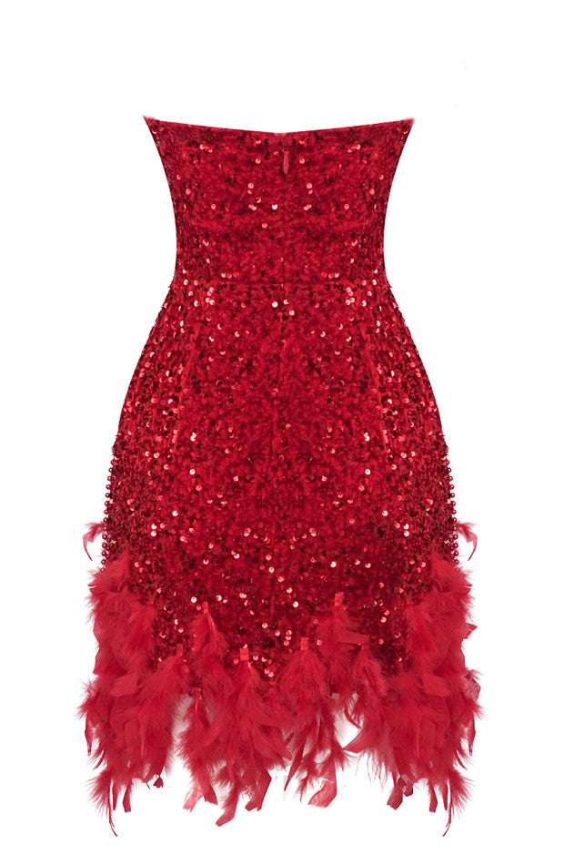 Strapless Feather Crystal Sequin Dress Red