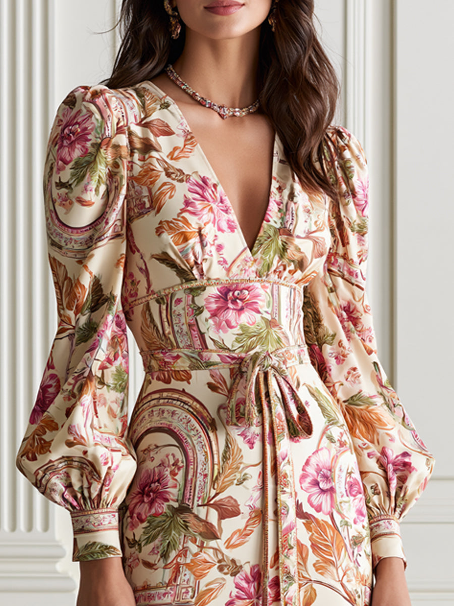 Puff Sleeve Floral Print Waist Tie Belt Midi Dress