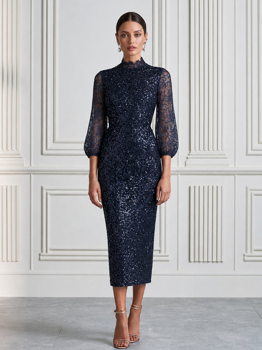 Sequin Lace Mock Neck Sheer Sleeves Midi Dress