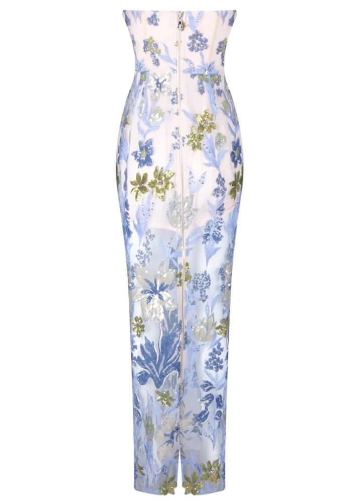 Strapless Floral Sequin Maxi Dress Blue