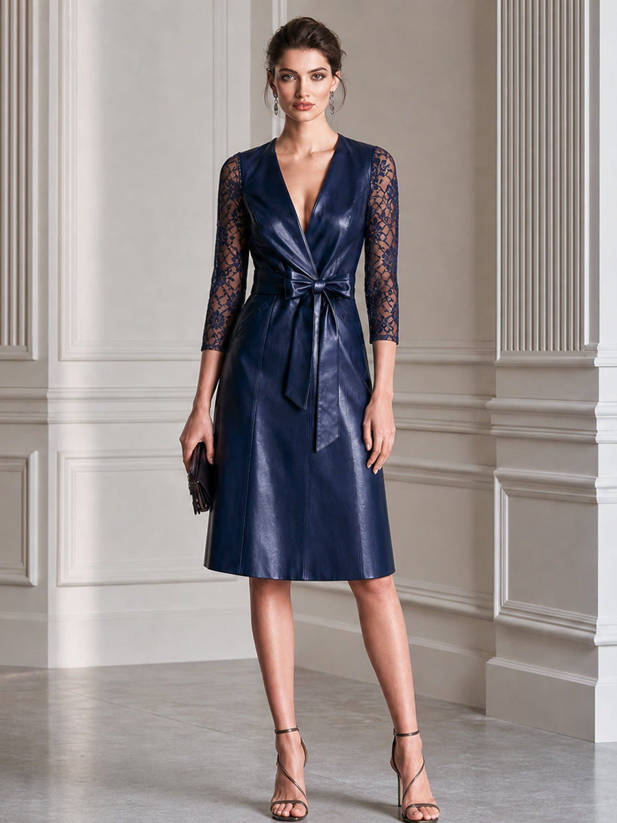 Faux Leather 3/4 Lace Sleeves Wrap Midi Dress