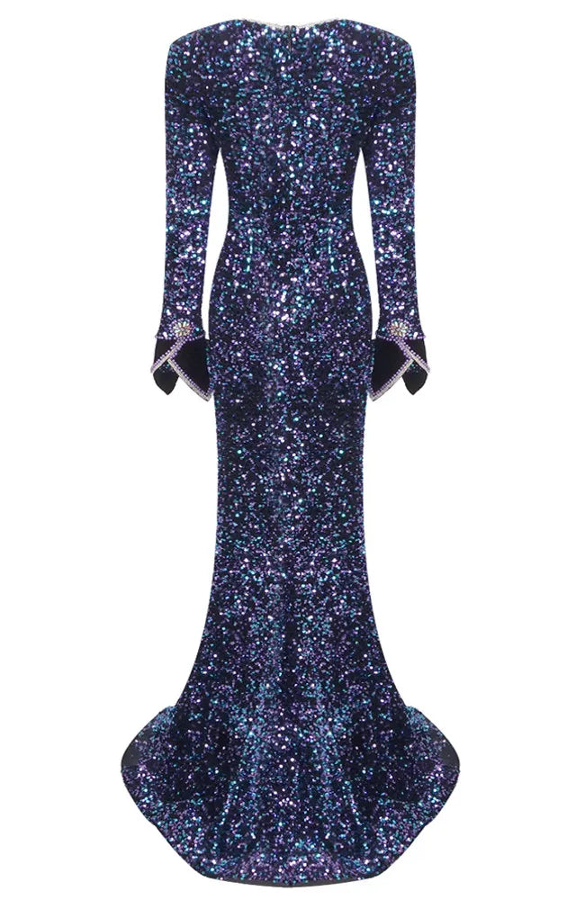 Long Sleeve Crystal Sequin Mermaid Maxi Dress Blue