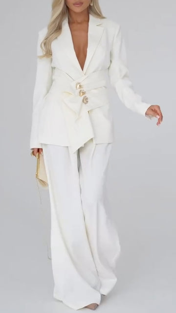 Women's Deep V-neck Fitted Wide-leg Suit