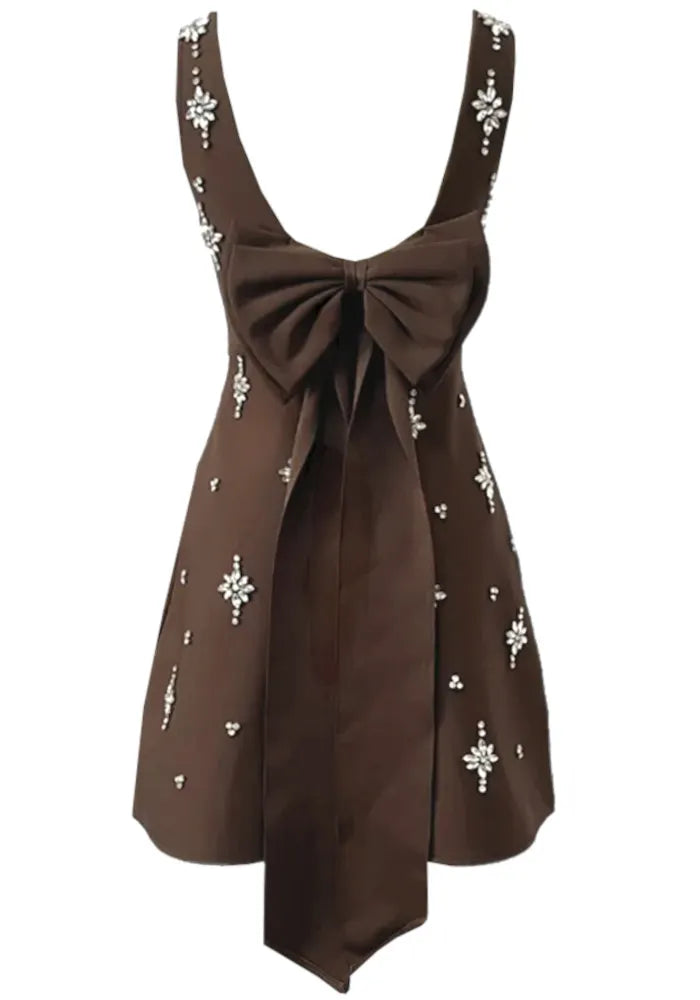 Crystal Bow Detail Backless A Line Dress Brown