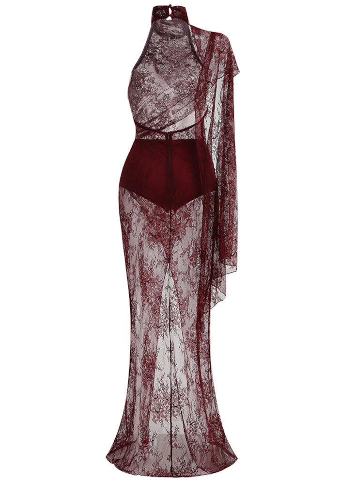 One Shoulder Lace Maxi Dress Burgundy