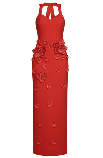 Halter Floral Gloves Maxi Dress Red