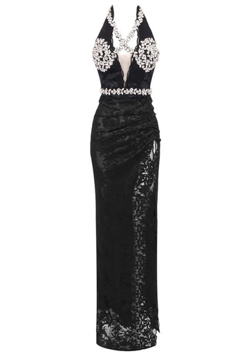 Halter Crystal Bustier Lace Maxi Dress Black