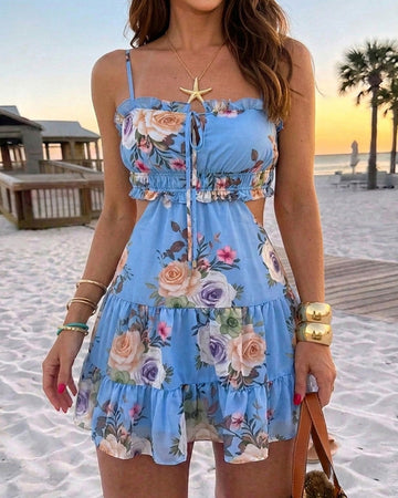 Women's Floral Cutout Mini Cami Dress Adjustable Strap Ruched Tied Shirred Ruffle Hem Vacation Sundress with Built-In Bra