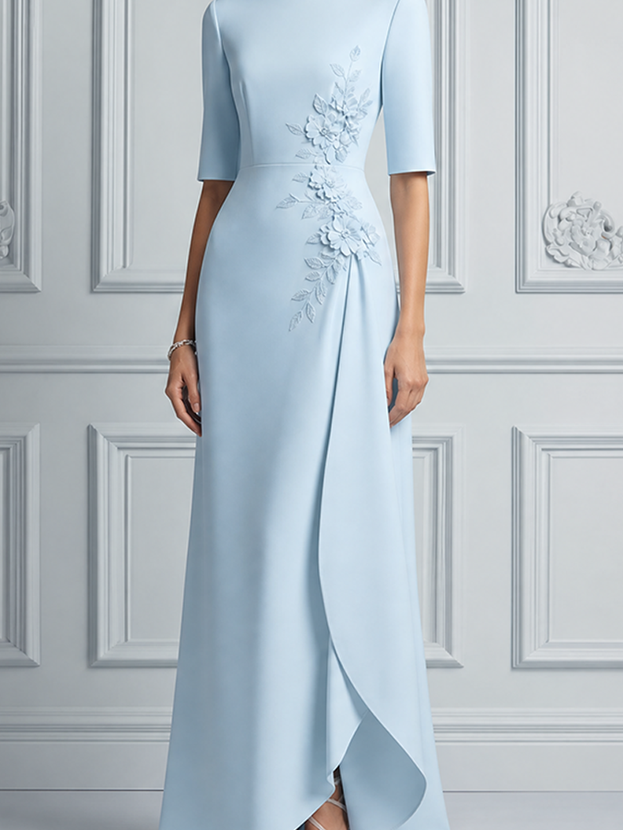 Blue Dress Fall Wedding Guest Dress Floral Appliqué Overlap Maxi Dress