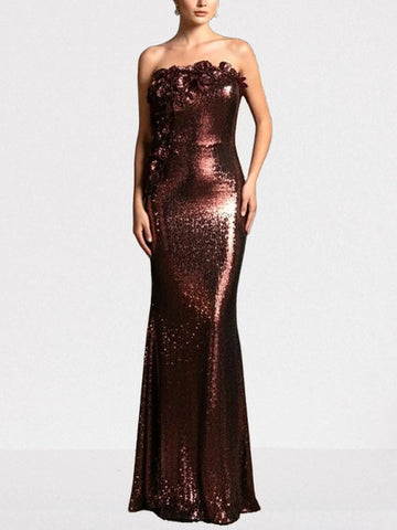 3D Petal-Appliquéd Mahogany Brown Sequin Gown