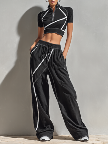 Women's Black & White Stitch Two-Piece Set With Zip Crop Top & Wide-Leg Pants, Timeless Sporty-Chic Athleisure Outfit MDZ2443D6LYL