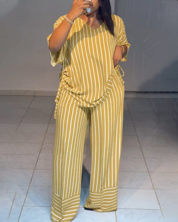 Women's Striped 2 Piece Outfits V Neck Short Sleeve Drawstring Top and Wide Leg Pants Set with Pockets