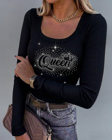 Women's Square Neck Long Sleeve Top Rhinestone Queen Letter Graphic Ribbed Knit Shirt Slim Fit Casual Sparkly Tee