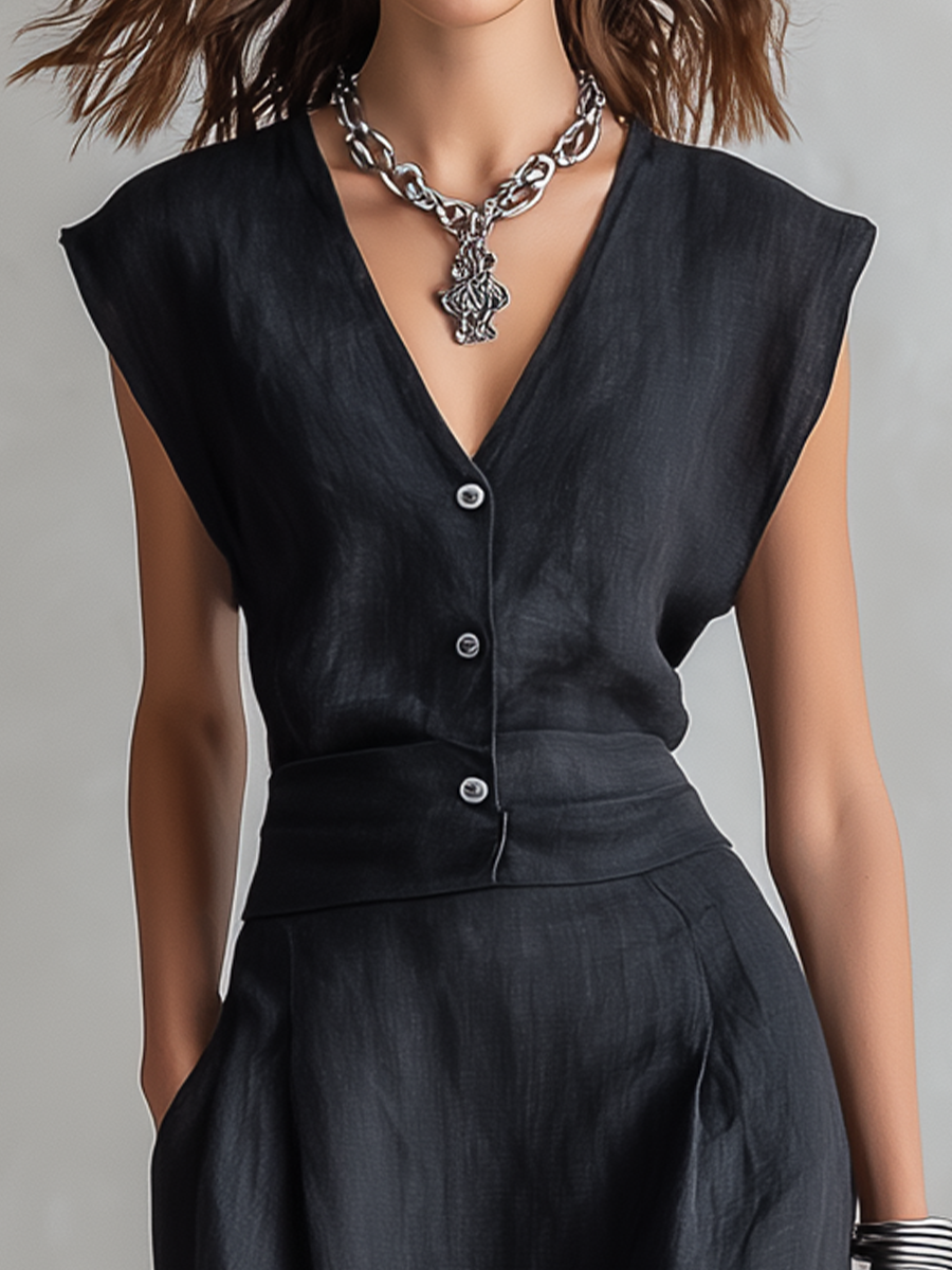 Polished V-Neck Sleeveless Maxi Dress