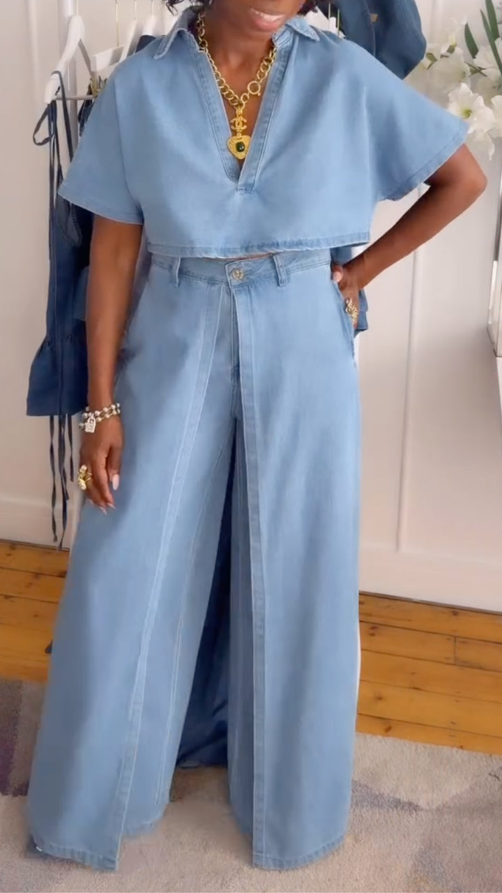 Cropped Denim Shirt & Wide Leg Pants Two Piece Set