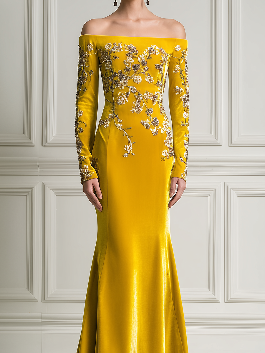 Golden Yellow Off Shoulder Embroidered Mermaid Satin Maxi Dress