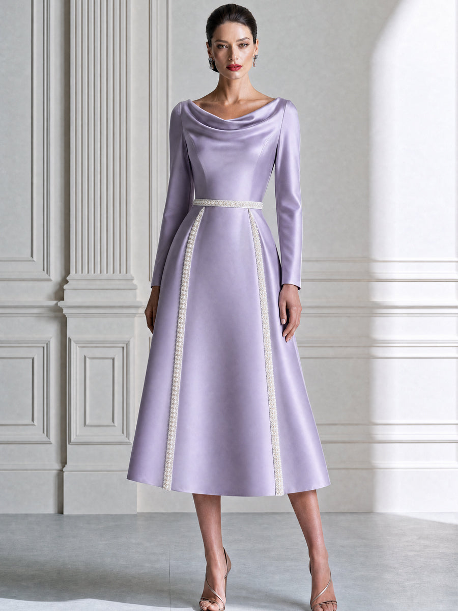Cowl Neck Satin Pearl Trim A-Line Midi Dress
