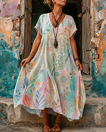Women's Vacation Linen Floral Print V-Neck Short Sleeve Maxi Dress