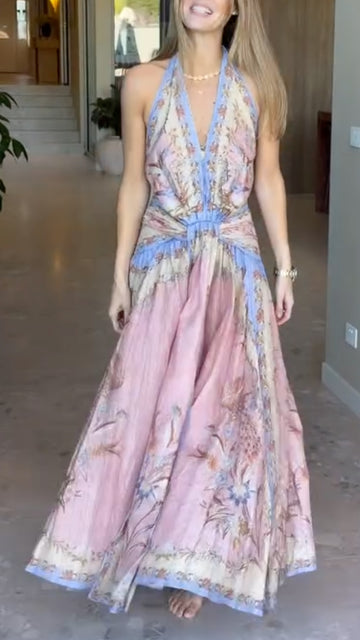 Floral Print Halter V Neck Gathered Waist Maxi Dress