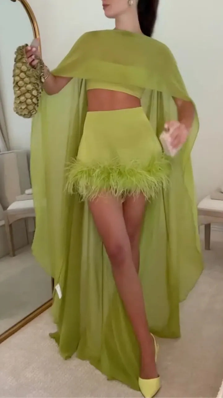 Women's Chic Two-Piece Set: Asymmetrical Chiffon Top & Feather Skirt