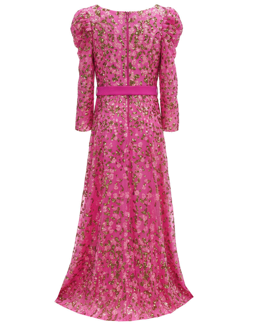 Long Sleeve Sequin A Line Maxi Dress Hot Pink