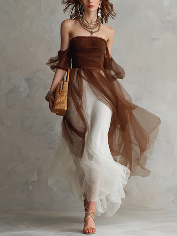 Chocolate Sheer Overlay Strapless Maxi Dress