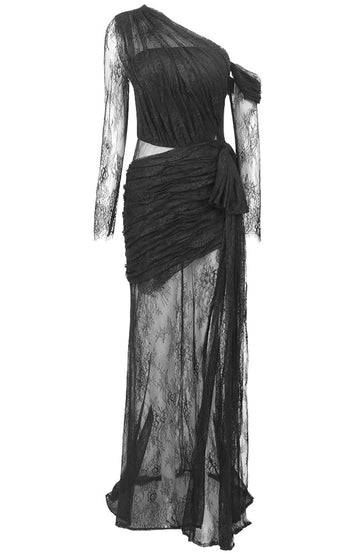 Long Sleeve Draped Lace Maxi Dress Black