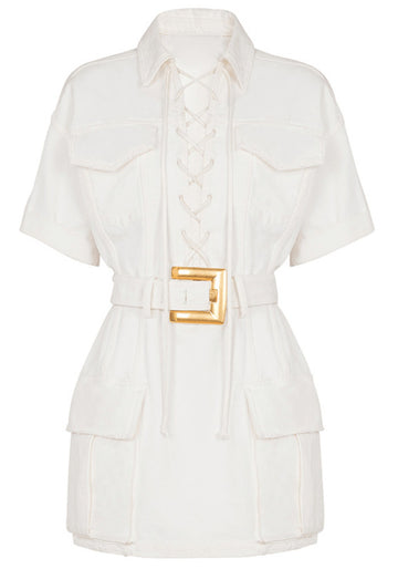 Short Sleeve Lace Up Detail Dress White