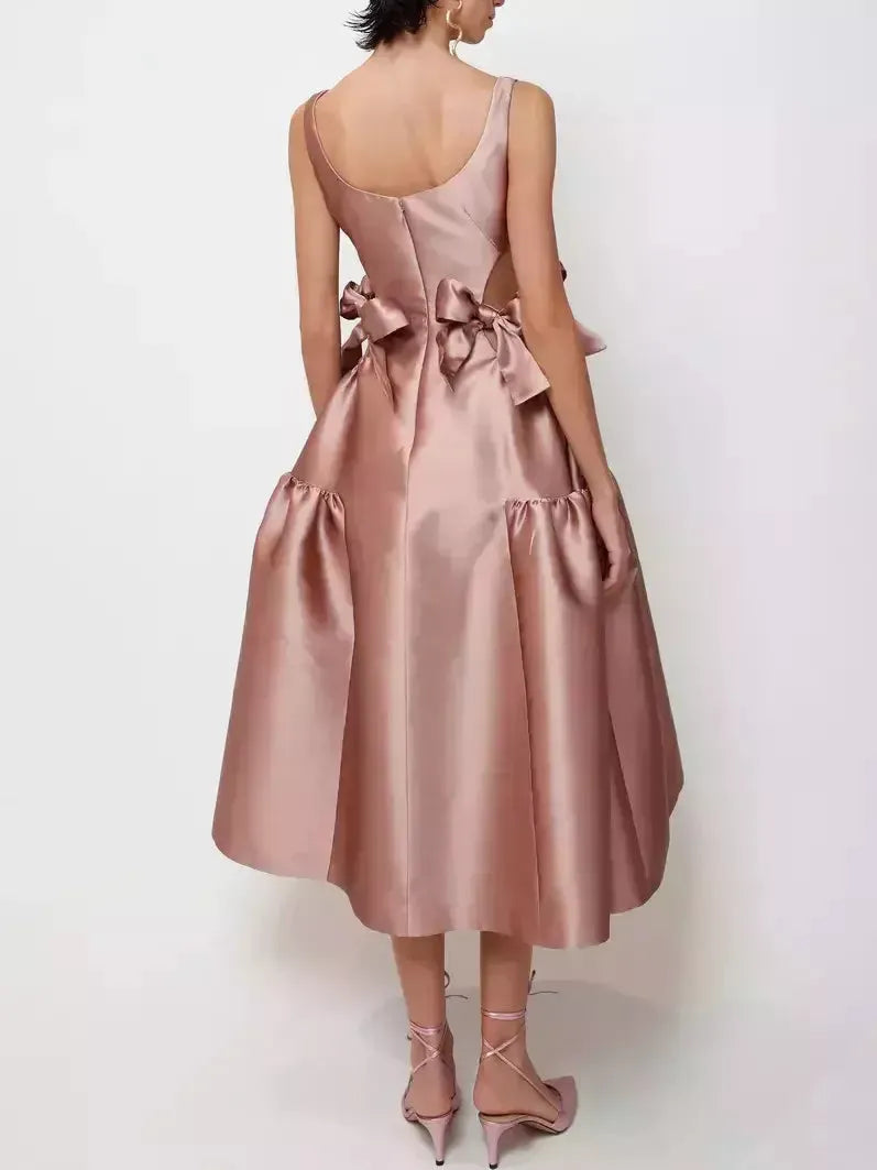 Cut-Out Flared Satin Dress with Bows