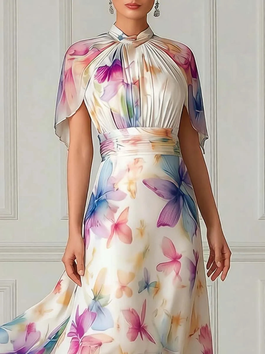 Elegant Watercolor Floral Cape Sleeve Maxi Dress