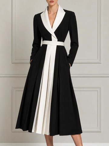 Black White Contrast Lapel Belted Pleated A-Line Blazer Midi Dress