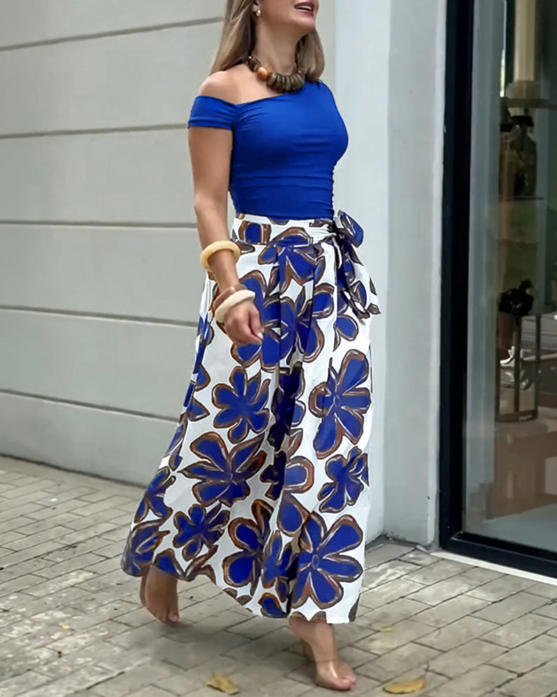 Women's 2 Piece Skirt Set Skew Neck Ruched Slim Fit Top and High Waisted Floral Print A Line Skirt with Pockets