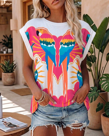 Colorblock Parrots Print O-neck Short Sleeve Tee Casual Rolled Cuffs Top
