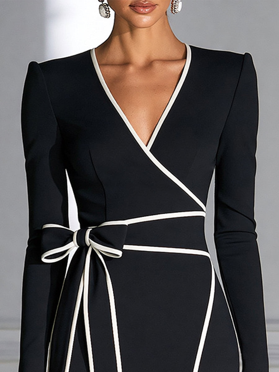 Contrast Trim Wrap Bow Belt Formal Midi Dress